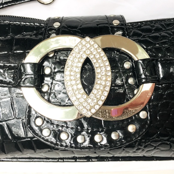 Black Aldo Spring rhinestone embellished faux lizard patent leather handbag - Picture 10 of 16